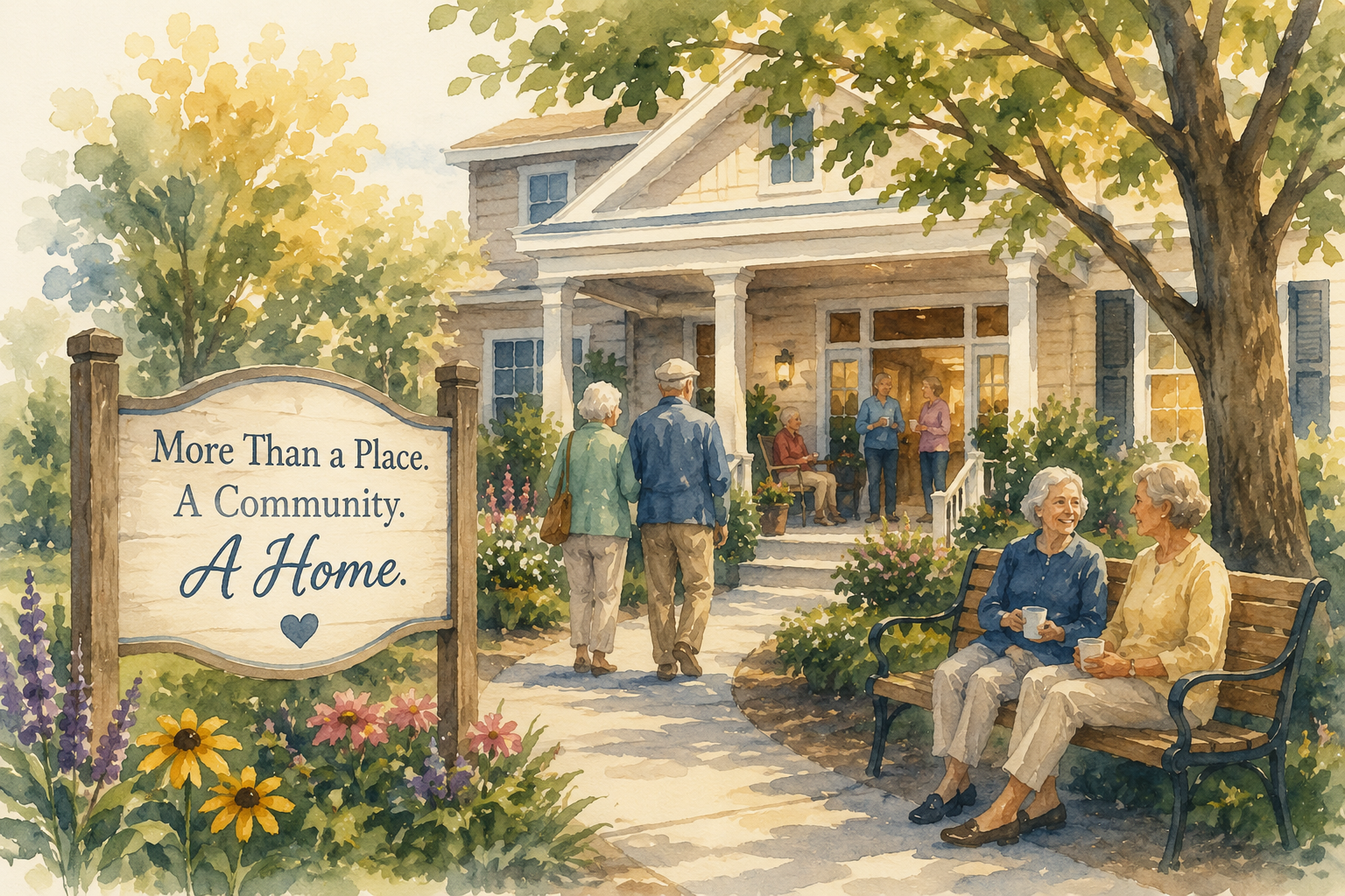 Older adults sharing conversation in a senior living community